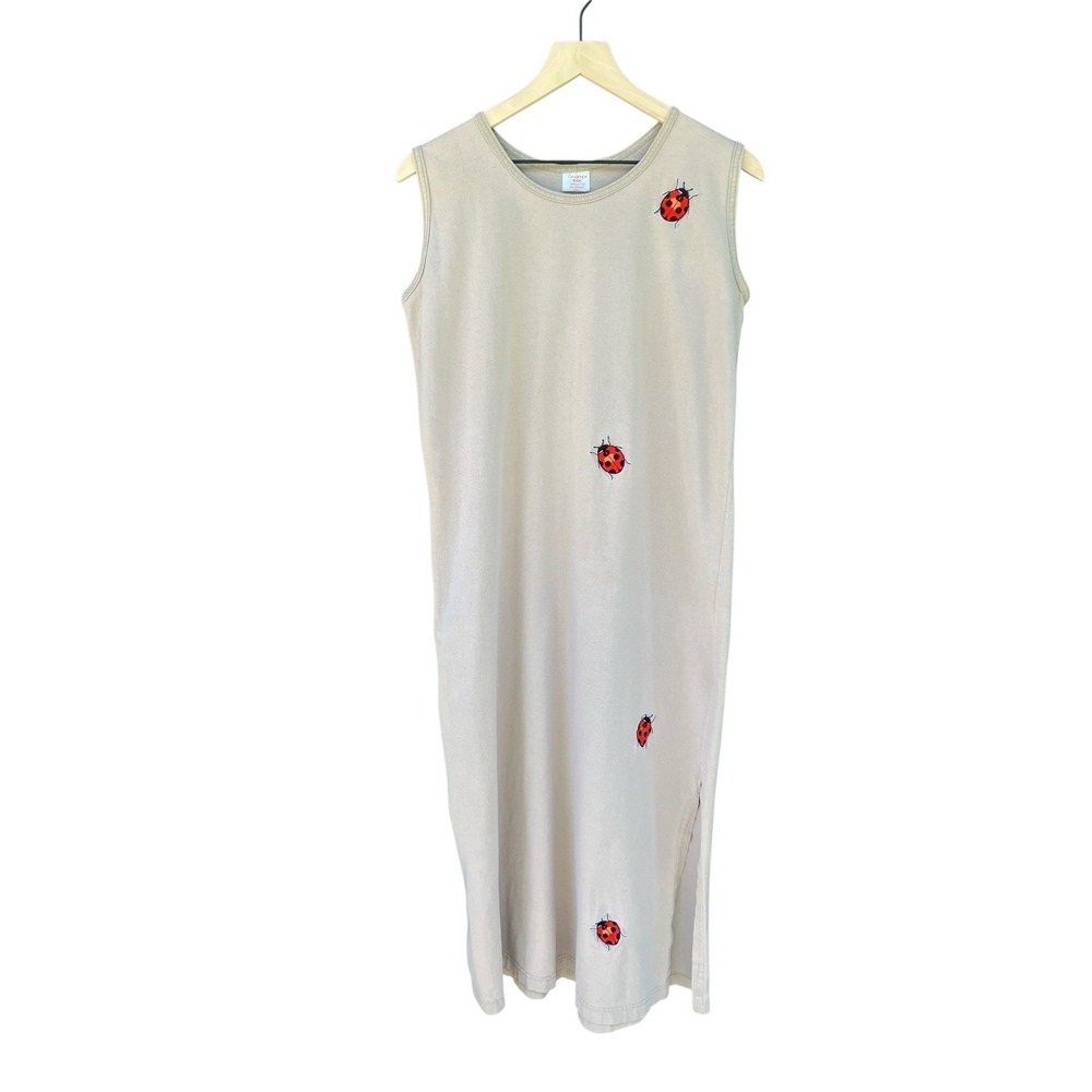 Vintage Catawbas Best Ladybug Long Tank Dress Small Made USA Cotton Beige Small